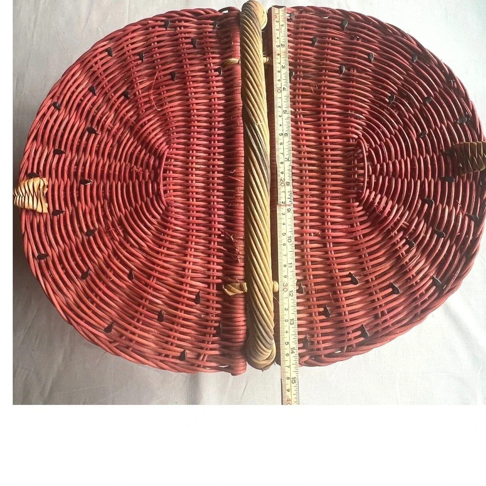 Vintage Watermelon Picnic Basket Woven Wicker Double-Lid Handle Red Green Large